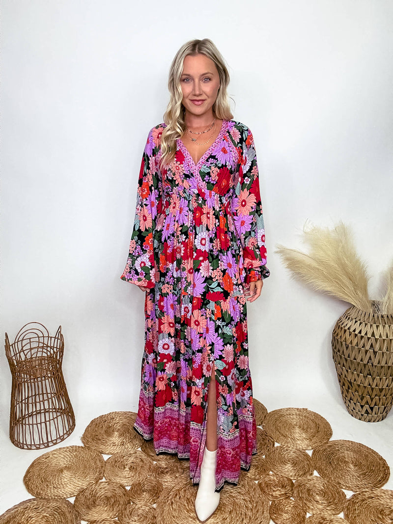 In Loom Fall Long Sleeve Boho Floral Print Maxi Dress with Slit styled with White Booties 