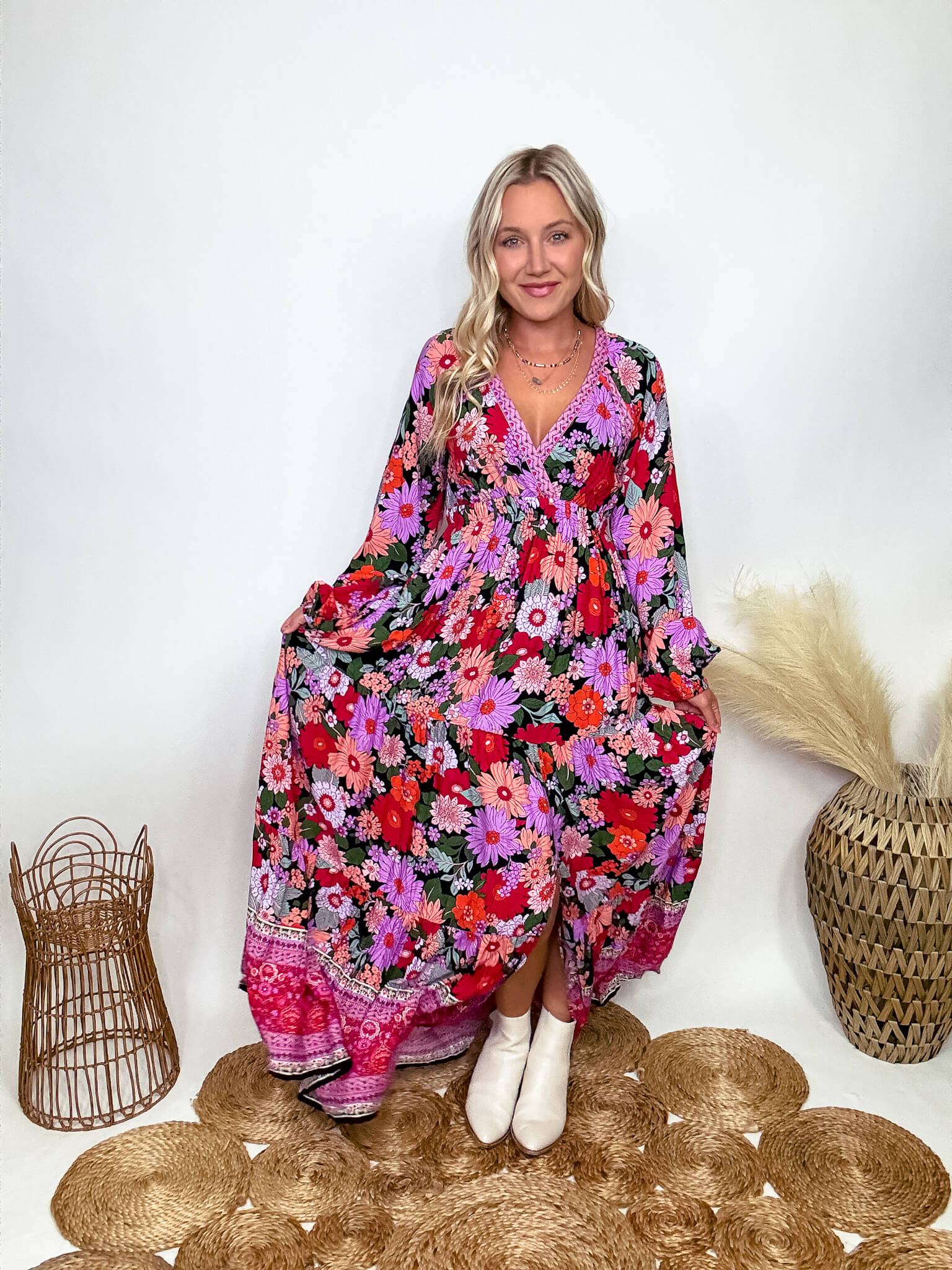 Fashion floral print long sleeve maxi dress