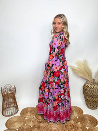 In Loom Fall Long Sleeve Boho Floral Print Maxi Dress with Slit styled with White Booties 