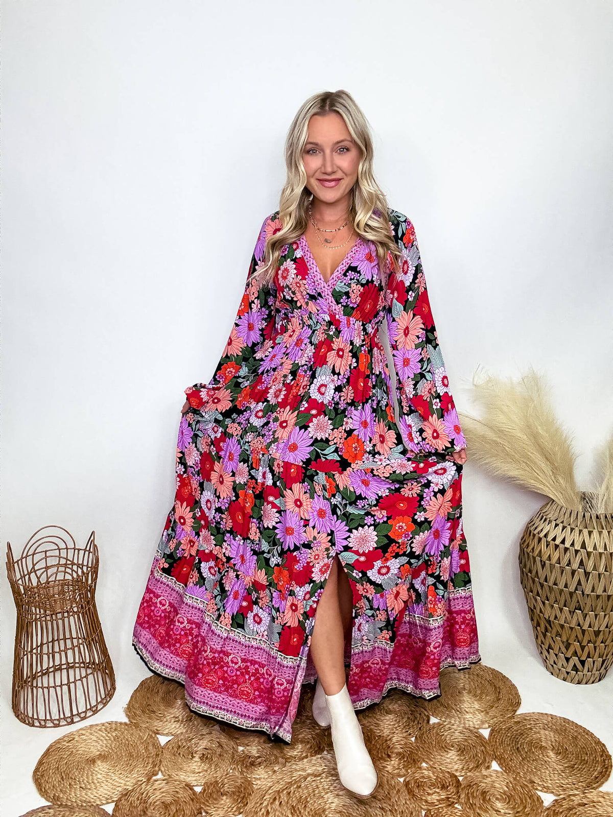 In Loom Fall Long Sleeve Boho Floral Print Maxi Dress with Slit styled with White Booties 