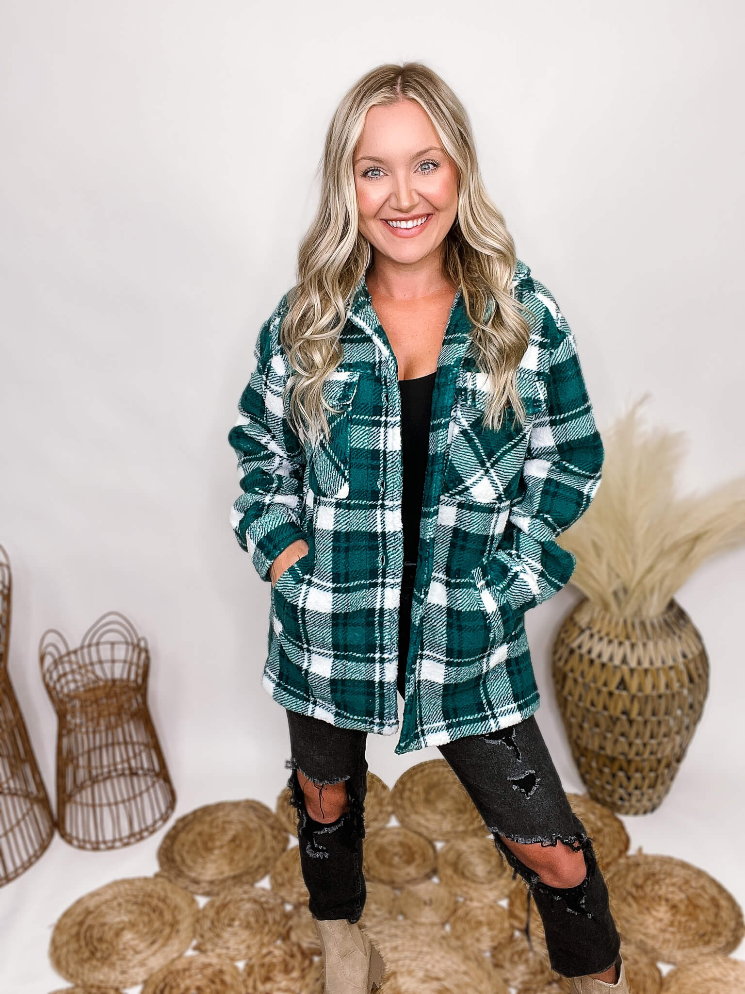 Sherpa Fleece Green Plaid Shacket | Bmaes Boutique