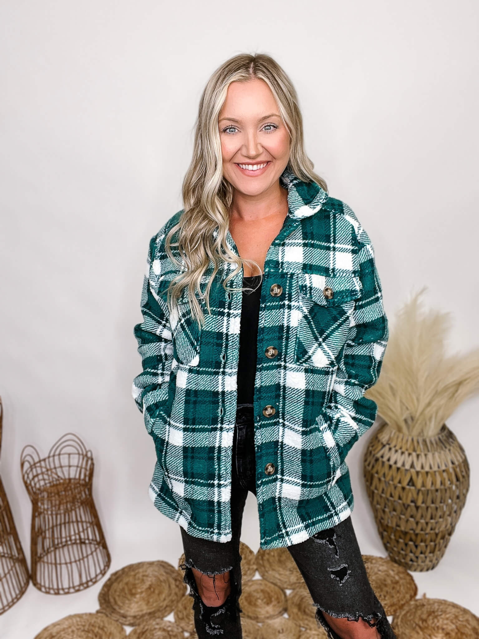 Sherpa Fleece Green Plaid Shacket | Bmaes Boutique