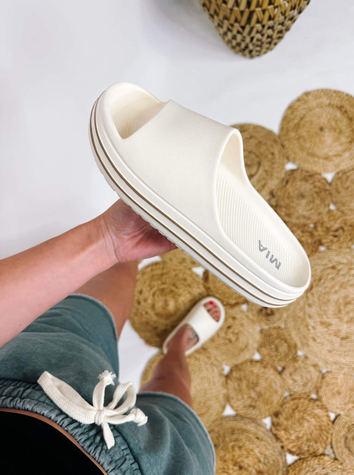 MIA Porsha Slide Sandals Bone Beige  Slip-On Round Open Toe Comfy Rubber Sandal  True to Size