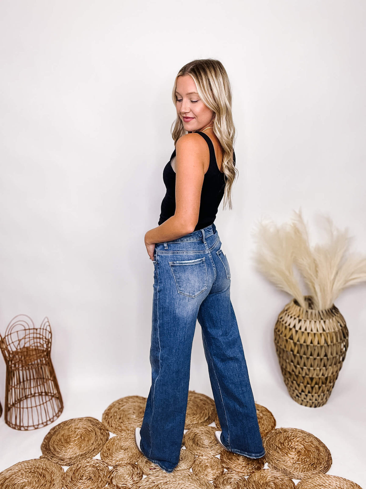 Mid Rise Crossover Stretchy Wide Leg Risen Jeans