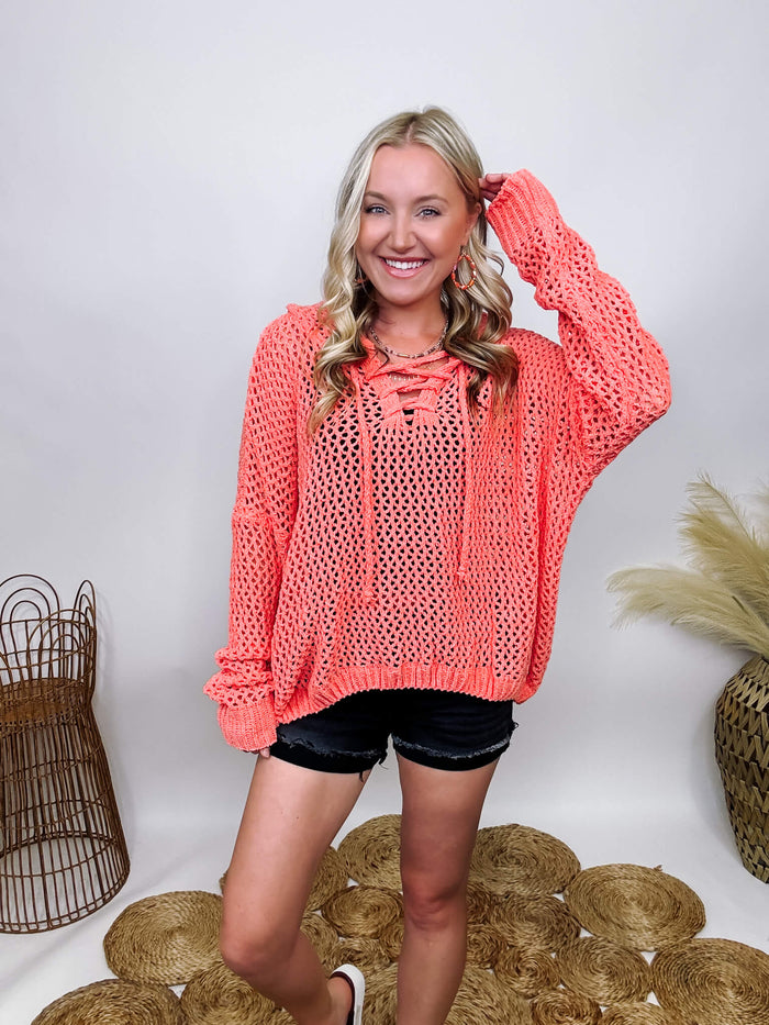 Miracle Coral Lace Up Cable Knit  Long Sleeve Hoodie Chenille Ultra Soft and Stretchy Sheer See Through Knit Oversized Fit 55% Cotton, 45% Acrylic