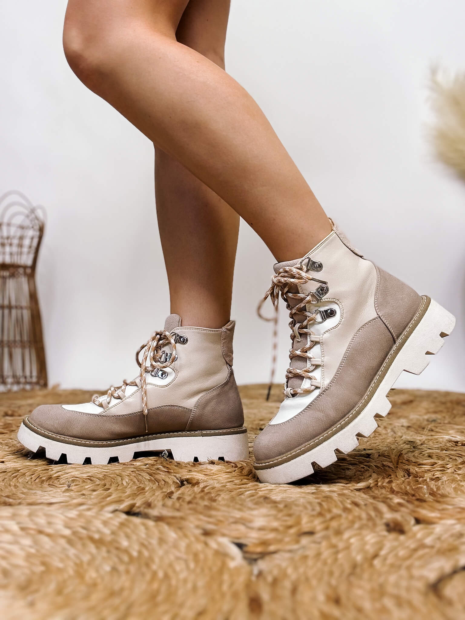 Neutral Cream Lace Up Slip On Lug Sole Pfeiffer Booties by Chinese Lau Bmaes Boutique