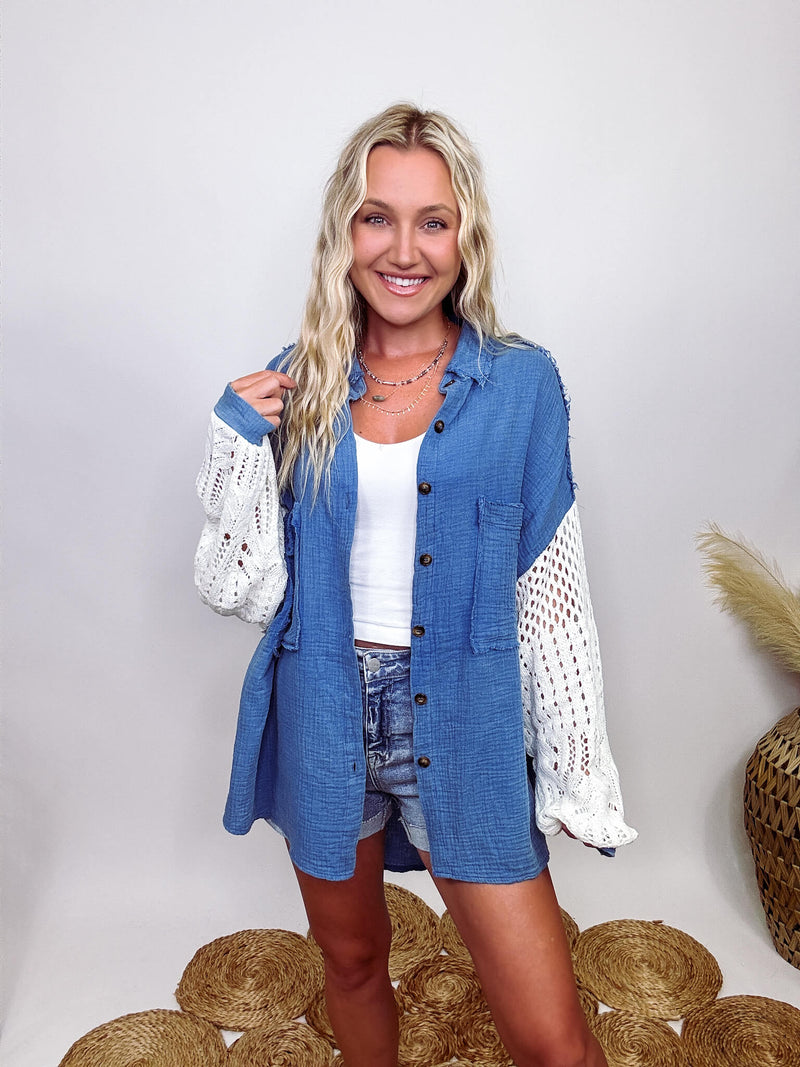 POL Clothing Blue Button Up Top Crochet Long Sleeves Lightweight Layering Shacket Two Chest Pockets Soft Cotton Gauze Material  Oversized Fit 100% Cotton