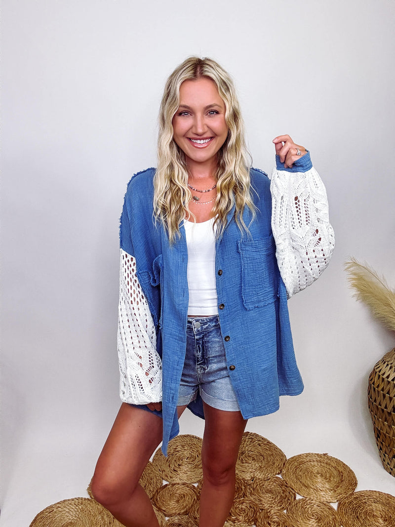 POL Clothing Blue Button Up Top Crochet Long Sleeves Lightweight Layering Shacket Two Chest Pockets Soft Cotton Gauze Material  Oversized Fit 100% Cotton