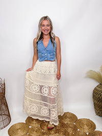 POL Clothing Boho Natural Cream Crochet Maxi Skirt  Elastic Waistband Knit Inner Skirt Lining One Size Fits Sizes 1-8 100% Cotton