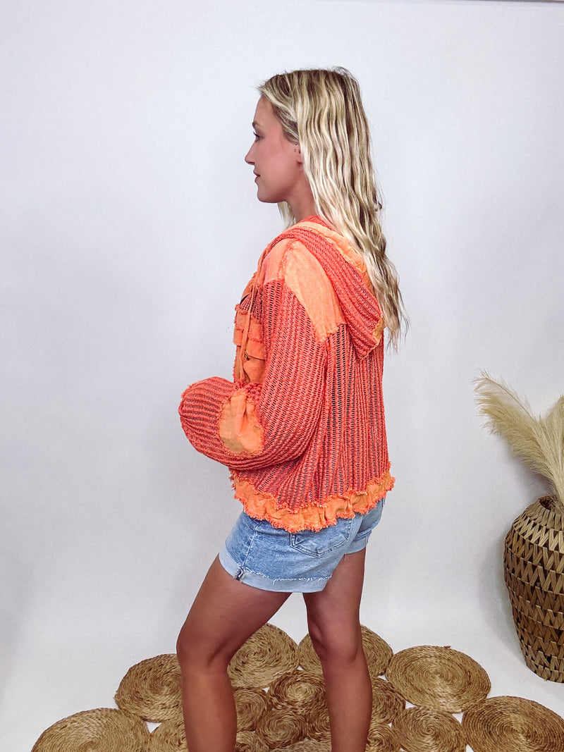 POL Clothing Coral Orange Long Sleeve Button Up Sheer Crochet Fabric Hoodie Jacket Chest Pockets Elbow Patches Mixed Contrast Fabric with Sheer Detailing  Functioning Drawstring Tie Waist Detail Loose Relaxed Fit 100% Cotton