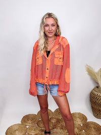 POL Clothing Coral Orange Long Sleeve Button Up Sheer Crochet Fabric Hoodie Jacket Chest Pockets Elbow Patches Mixed Contrast Fabric with Sheer Detailing  Functioning Drawstring Tie Waist Detail Loose Relaxed Fit 100% Cotton