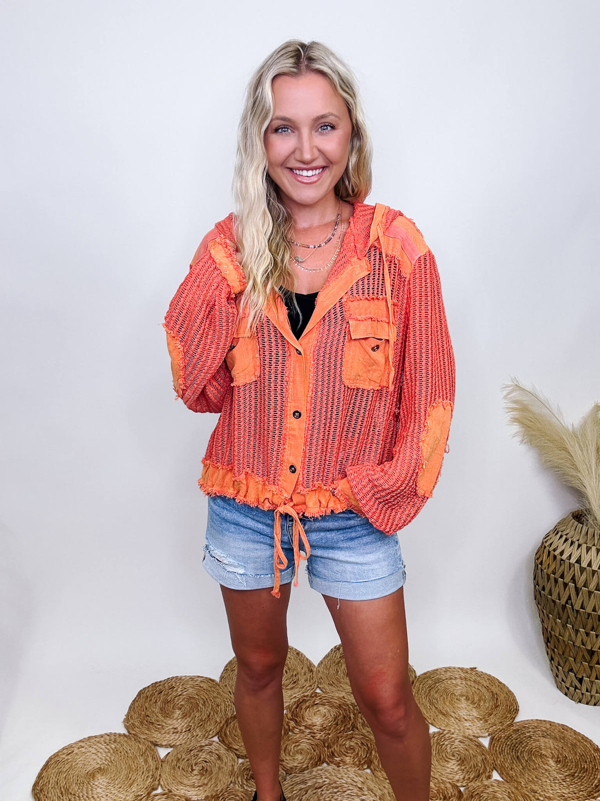 POL Clothing Coral Orange Long Sleeve Button Up Sheer Crochet Fabric Hoodie Jacket Chest Pockets Elbow Patches Mixed Contrast Fabric with Sheer Detailing  Functioning Drawstring Tie Waist Detail Loose Relaxed Fit 100% Cotton