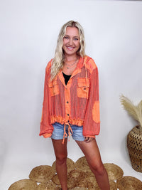 POL Clothing Coral Orange Long Sleeve Button Up Sheer Crochet Fabric Hoodie Jacket Chest Pockets Elbow Patches Mixed Contrast Fabric with Sheer Detailing  Functioning Drawstring Tie Waist Detail Loose Relaxed Fit 100% Cotton