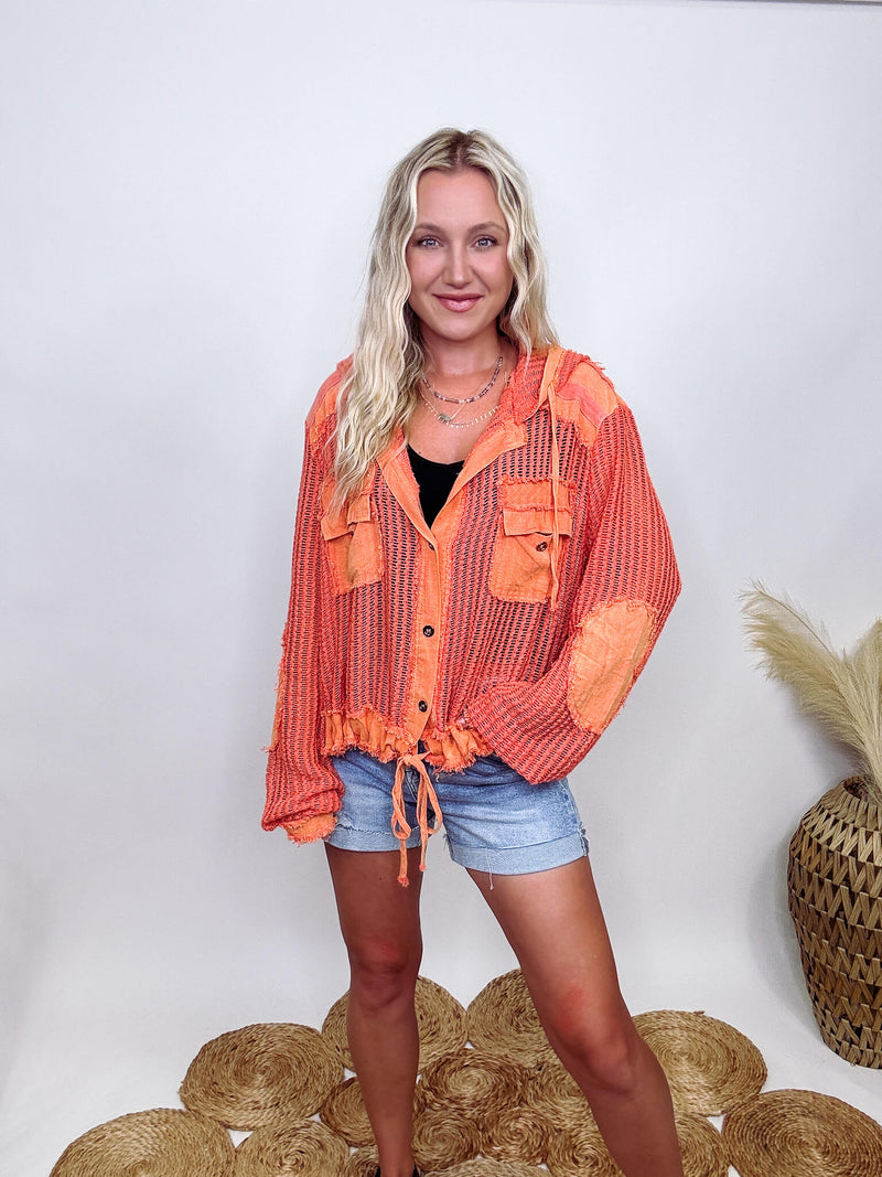 POL Clothing Coral Orange Long Sleeve Button Up Sheer Crochet Fabric Hoodie Jacket Chest Pockets Elbow Patches Mixed Contrast Fabric with Sheer Detailing  Functioning Drawstring Tie Waist Detail Loose Relaxed Fit 100% Cotton