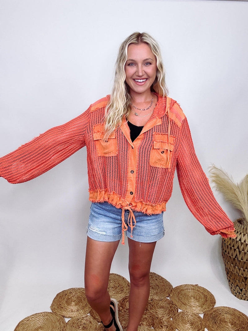 POL Clothing Coral Orange Long Sleeve Button Up Sheer Crochet Fabric Hoodie Jacket Chest Pockets Elbow Patches Mixed Contrast Fabric with Sheer Detailing  Functioning Drawstring Tie Waist Detail Loose Relaxed Fit 100% Cotton