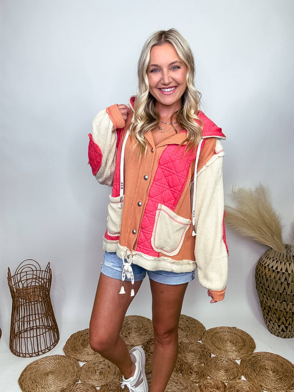 Coral and Orange Quilted Patchwork Button-Up Oversized Hoodie Jacket by POL