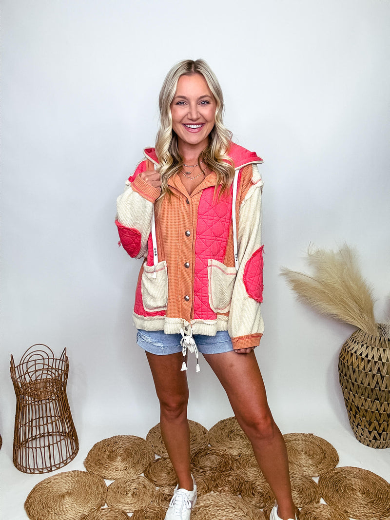 Coral and Orange Quilted Patchwork Button-Up Oversized Hoodie Jacket by POL