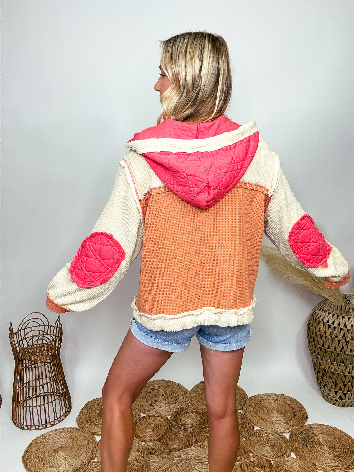 Coral and Orange Quilted Patchwork Button-Up Oversized Hoodie Jacket by POL