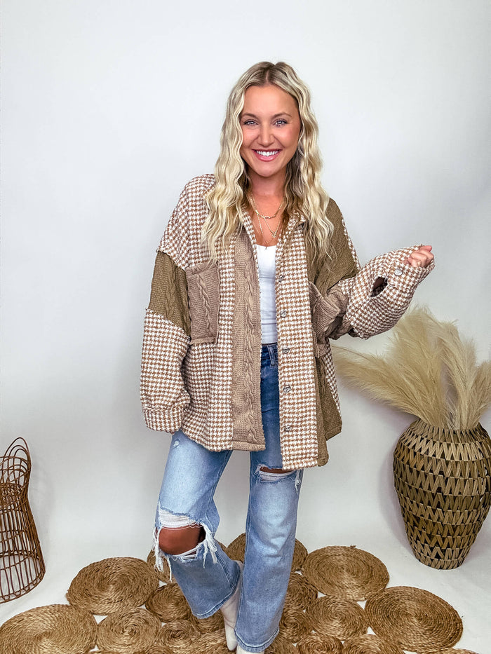 POL Clothing Mocha Mixed Plaid and Houndstooth Oversized Button-Up Jacket