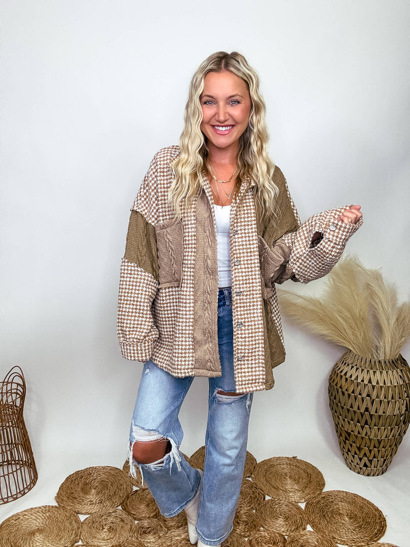 POL Clothing Mocha Mixed Plaid and Houndstooth Oversized Button-Up Jacket