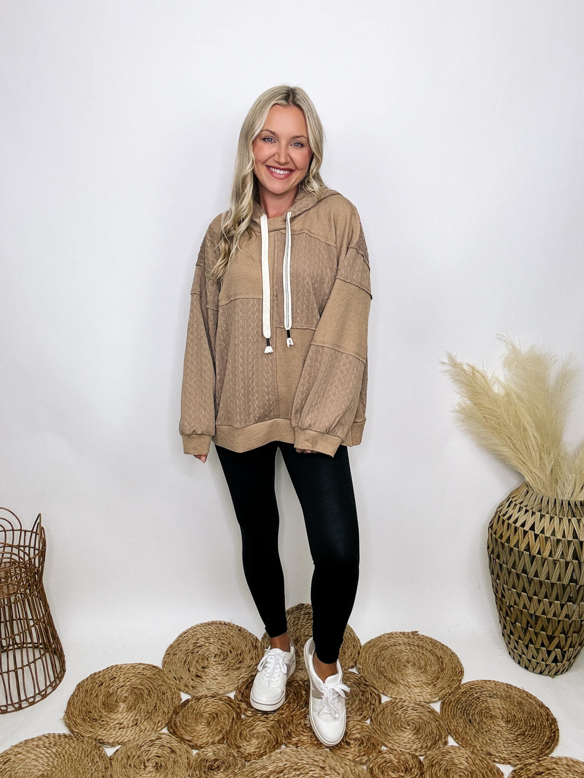 POL Clothing Mocha patchwork oversized hoodie with drawstrings, cable knit patch details, and premium-quality soft stretchy material, perfect for dressing up or down.