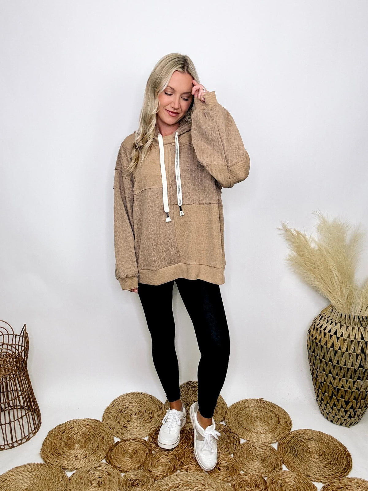 POL Clothing Mocha patchwork oversized hoodie with drawstrings, cable knit patch details, and premium-quality soft stretchy material, perfect for dressing up or down.
