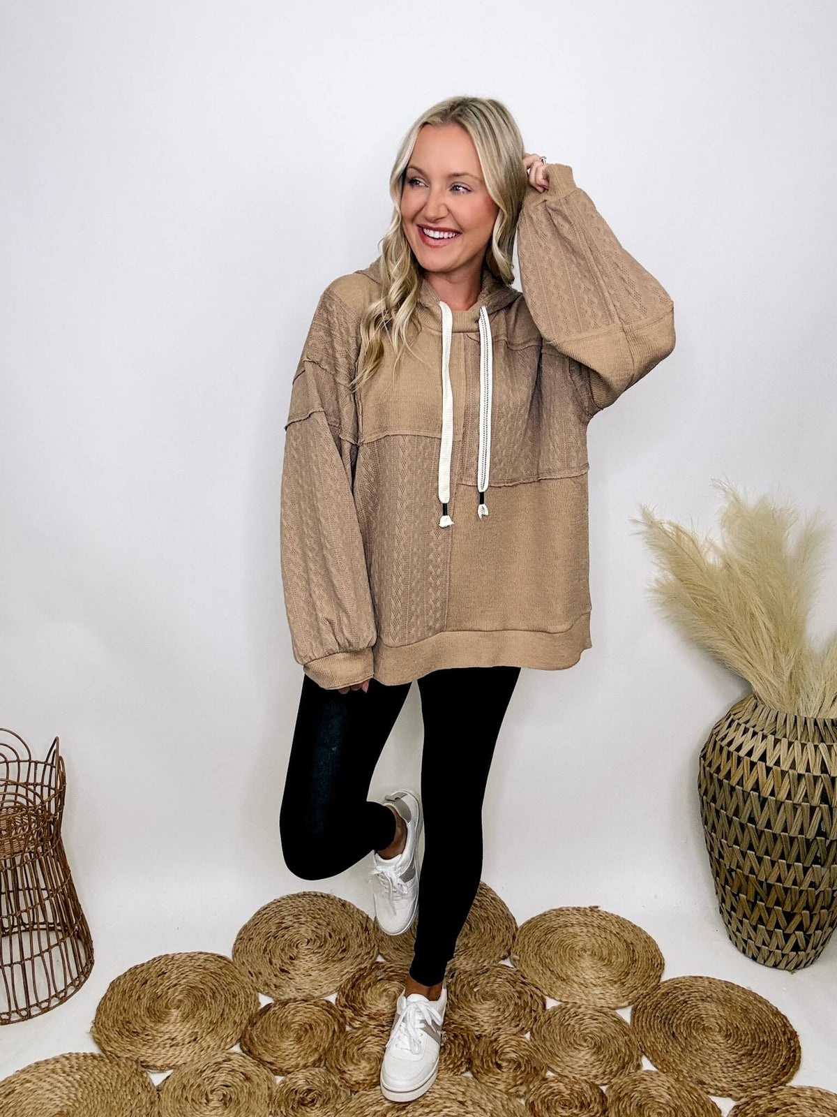 POL Clothing Mocha patchwork oversized hoodie with drawstrings, cable knit patch details, and premium-quality soft stretchy material, perfect for dressing up or down.