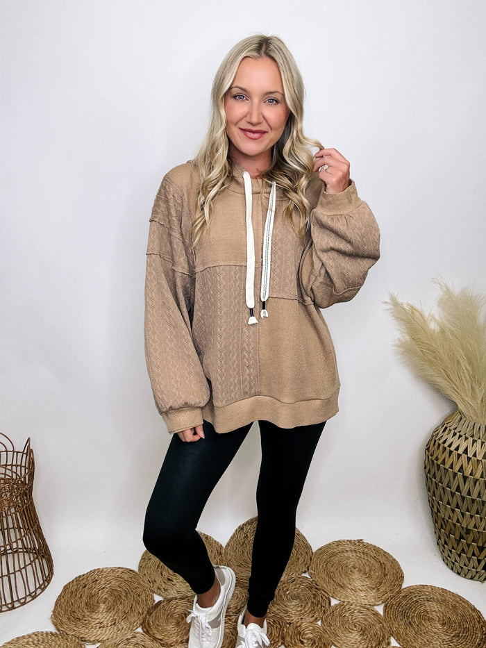 POL Clothing Mocha patchwork oversized hoodie with drawstrings, cable knit patch details, and premium-quality soft stretchy material, perfect for dressing up or down.
