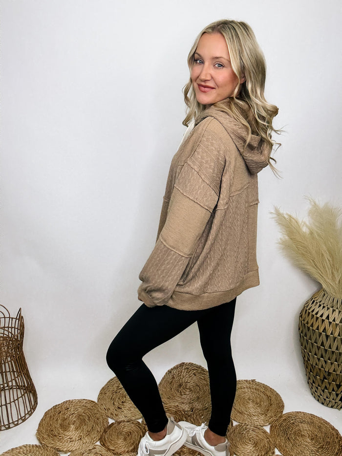 POL Clothing Mocha patchwork oversized hoodie with drawstrings, cable knit patch details, and premium-quality soft stretchy material, perfect for dressing up or down.