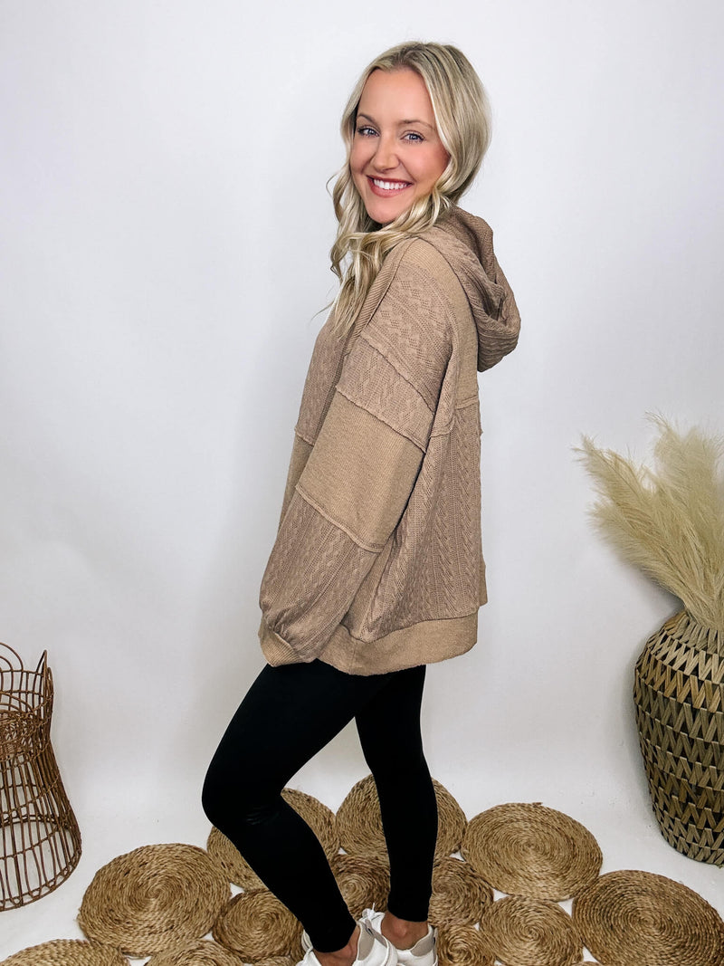 POL Clothing Mocha patchwork oversized hoodie with drawstrings, cable knit patch details, and premium-quality soft stretchy material, perfect for dressing up or down.