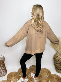 POL Clothing Mocha patchwork oversized hoodie with drawstrings, cable knit patch details, and premium-quality soft stretchy material, perfect for dressing up or down.
