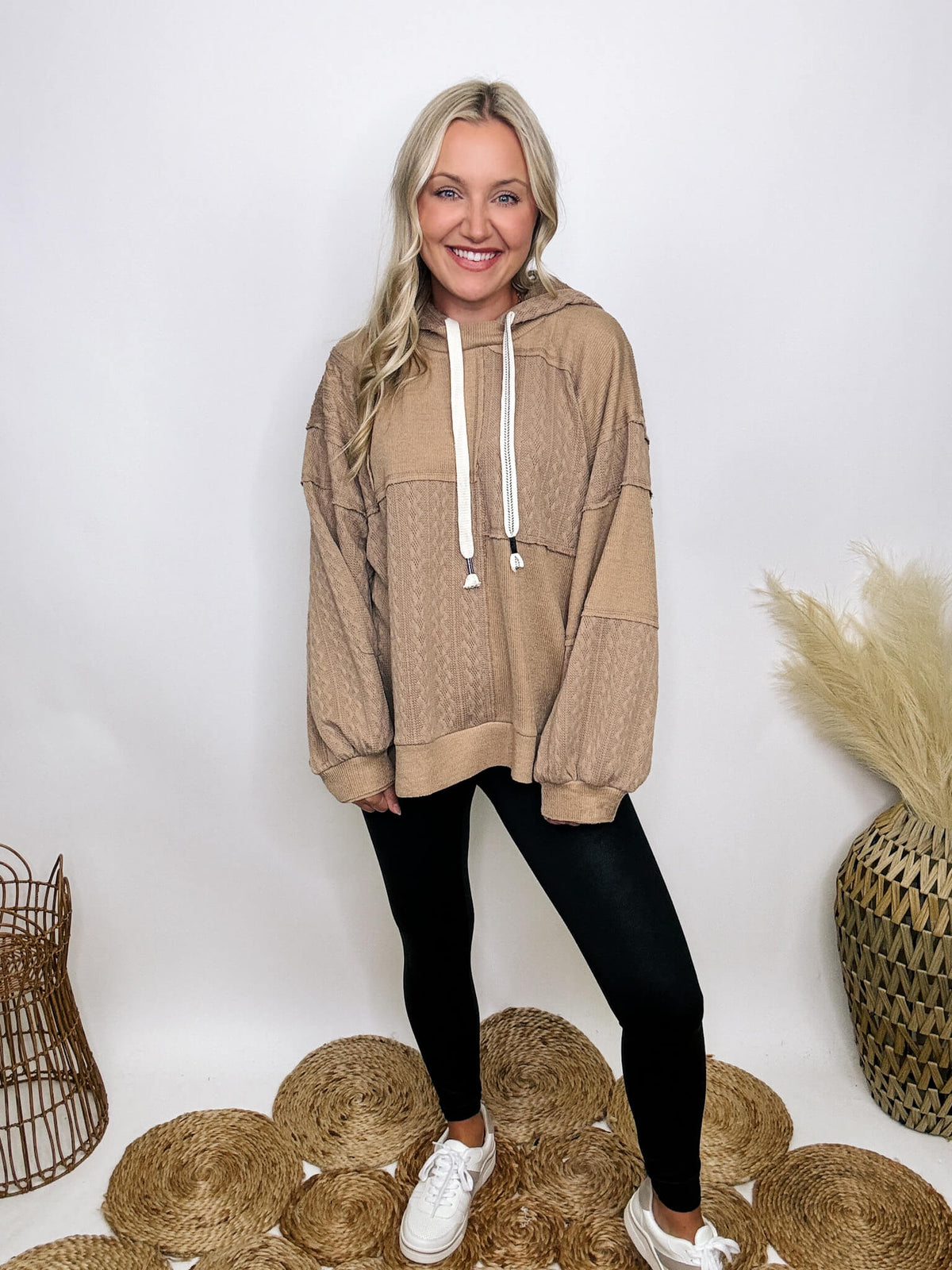 POL Clothing Mocha patchwork oversized hoodie with drawstrings, cable knit patch details, and premium-quality soft stretchy material, perfect for dressing up or down.