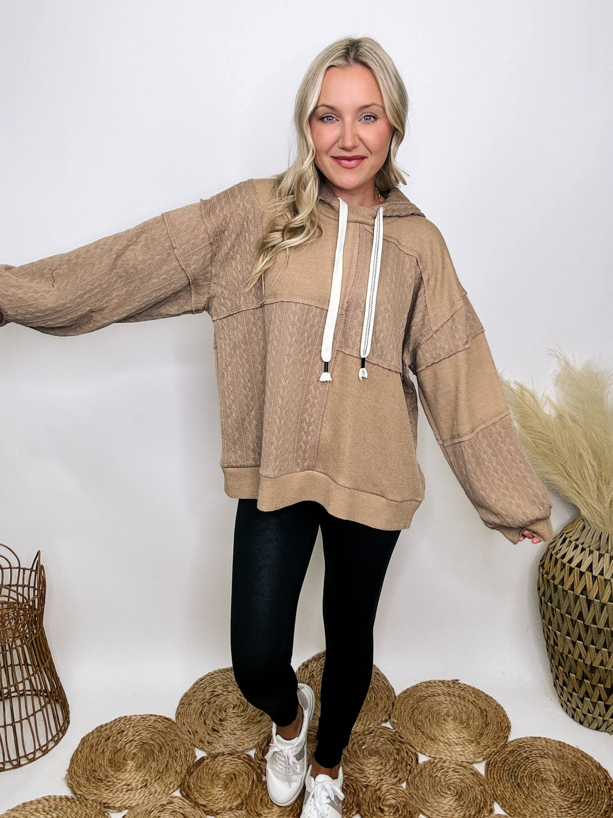 POL Clothing Mocha patchwork oversized hoodie with drawstrings, cable knit patch details, and premium-quality soft stretchy material, perfect for dressing up or down.