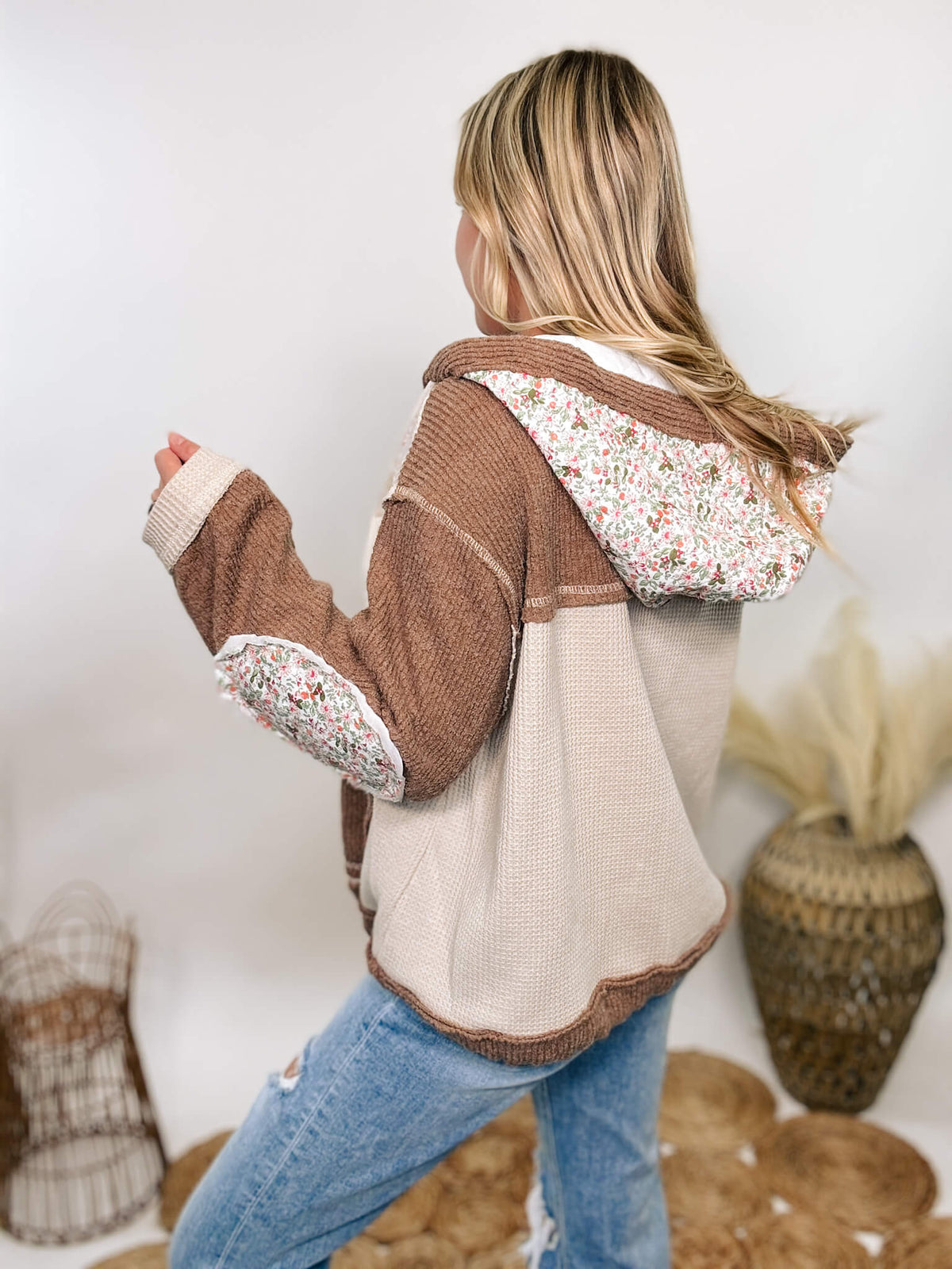 POL Boho floral oat and chocolate oversized quilted patchwork hoodie jacket with floral print elbow patches and a drawstring waist, featuring a button-up front and quilted hood.