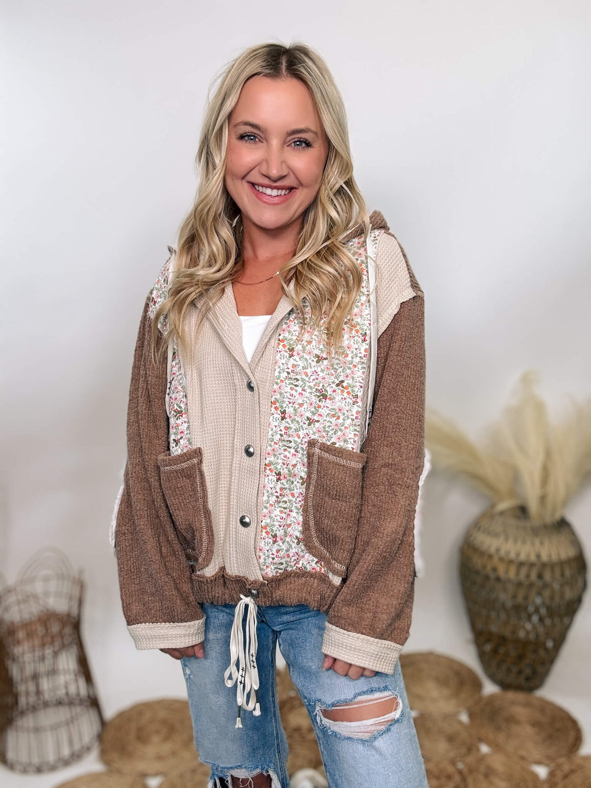 POL Boho floral oat and chocolate oversized quilted patchwork hoodie jacket with floral print elbow patches and a drawstring waist, featuring a button-up front and quilted hood.