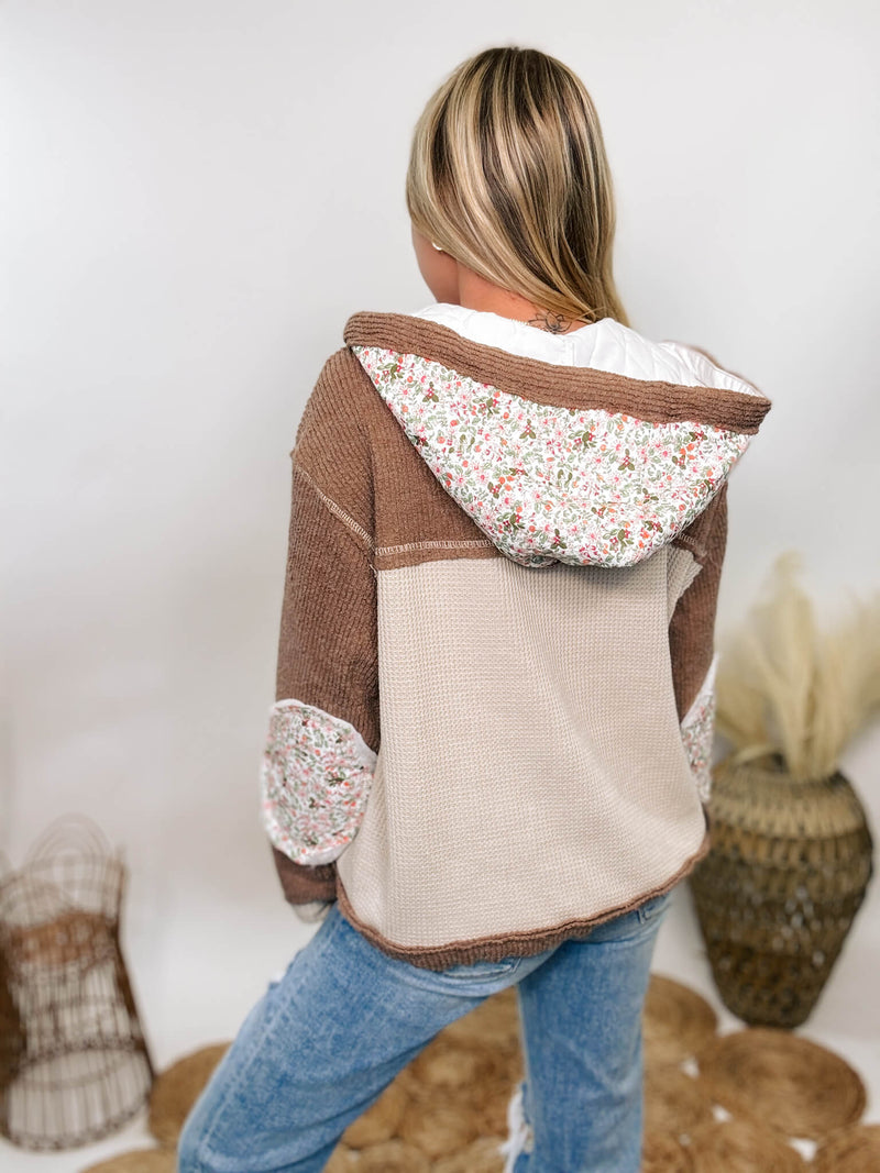 POL Boho floral oat and chocolate oversized quilted patchwork hoodie jacket with floral print elbow patches and a drawstring waist, featuring a button-up front and quilted hood.