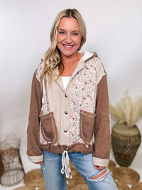 POL Boho floral oat and chocolate oversized quilted patchwork hoodie jacket with floral print elbow patches and a drawstring waist, featuring a button-up front and quilted hood.