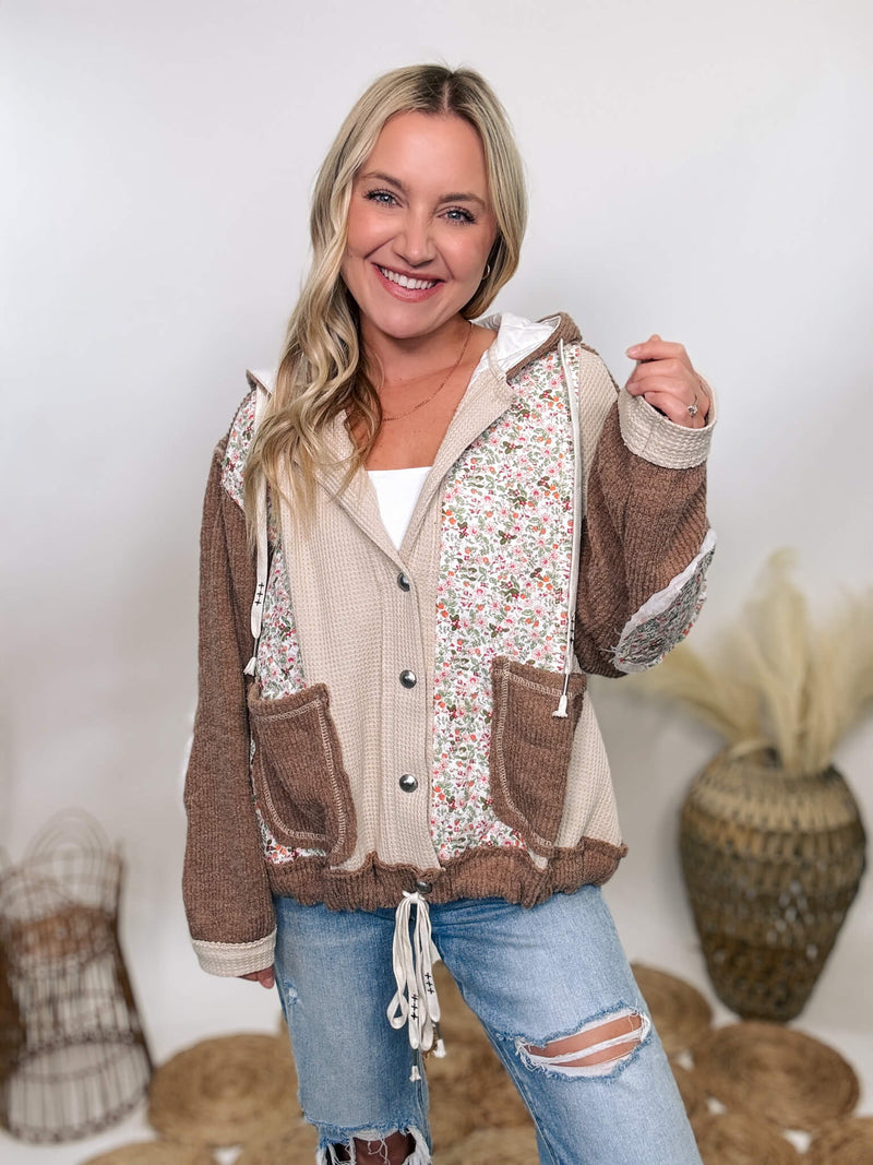 POL Boho floral oat and chocolate oversized quilted patchwork hoodie jacket with floral print elbow patches and a drawstring waist, featuring a button-up front and quilted hood.