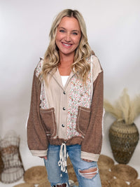 POL Boho floral oat and chocolate oversized quilted patchwork hoodie jacket with floral print elbow patches and a drawstring waist, featuring a button-up front and quilted hood.