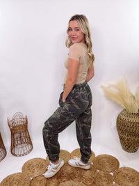 POL Camo Cargo Jogger Pants in Twill with button and drawstring waist, elastic back waistband, and elastic ankles for a comfy, cool look.