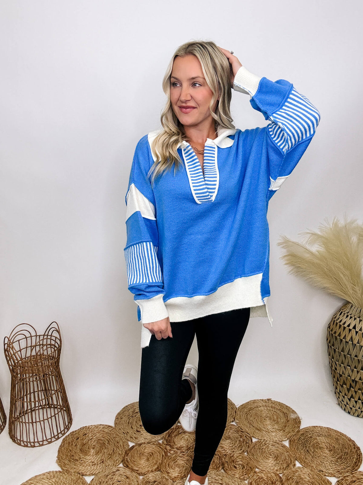 Peach Love CA Blue polo preppy style sweater with ivory contrast and stripe patch, collared and split neck design