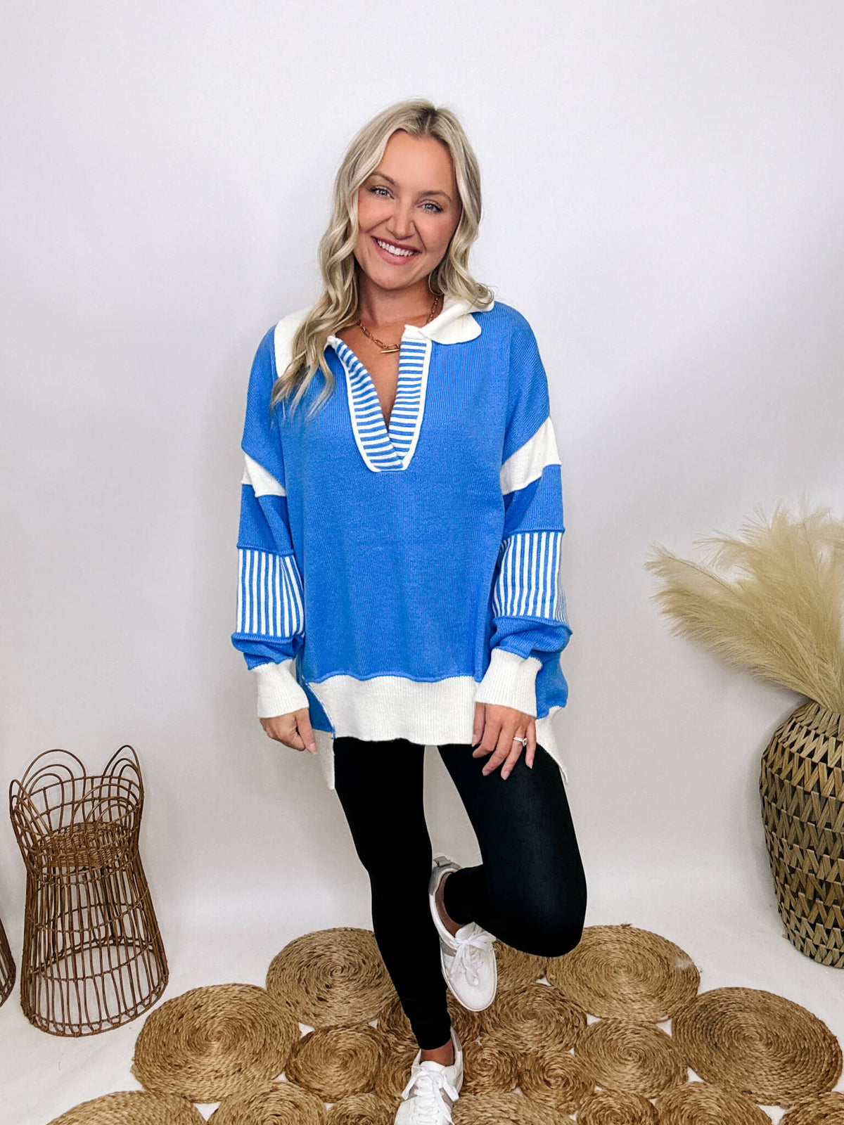 Peach Love CA Blue polo preppy style sweater with ivory contrast and stripe patch, collared and split neck design