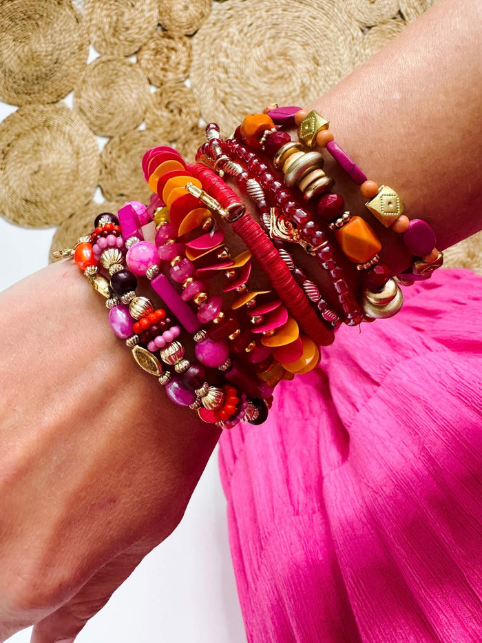 Pink Set of Ten Beaded Stretch Bracelets With Cactus and Feather Charms