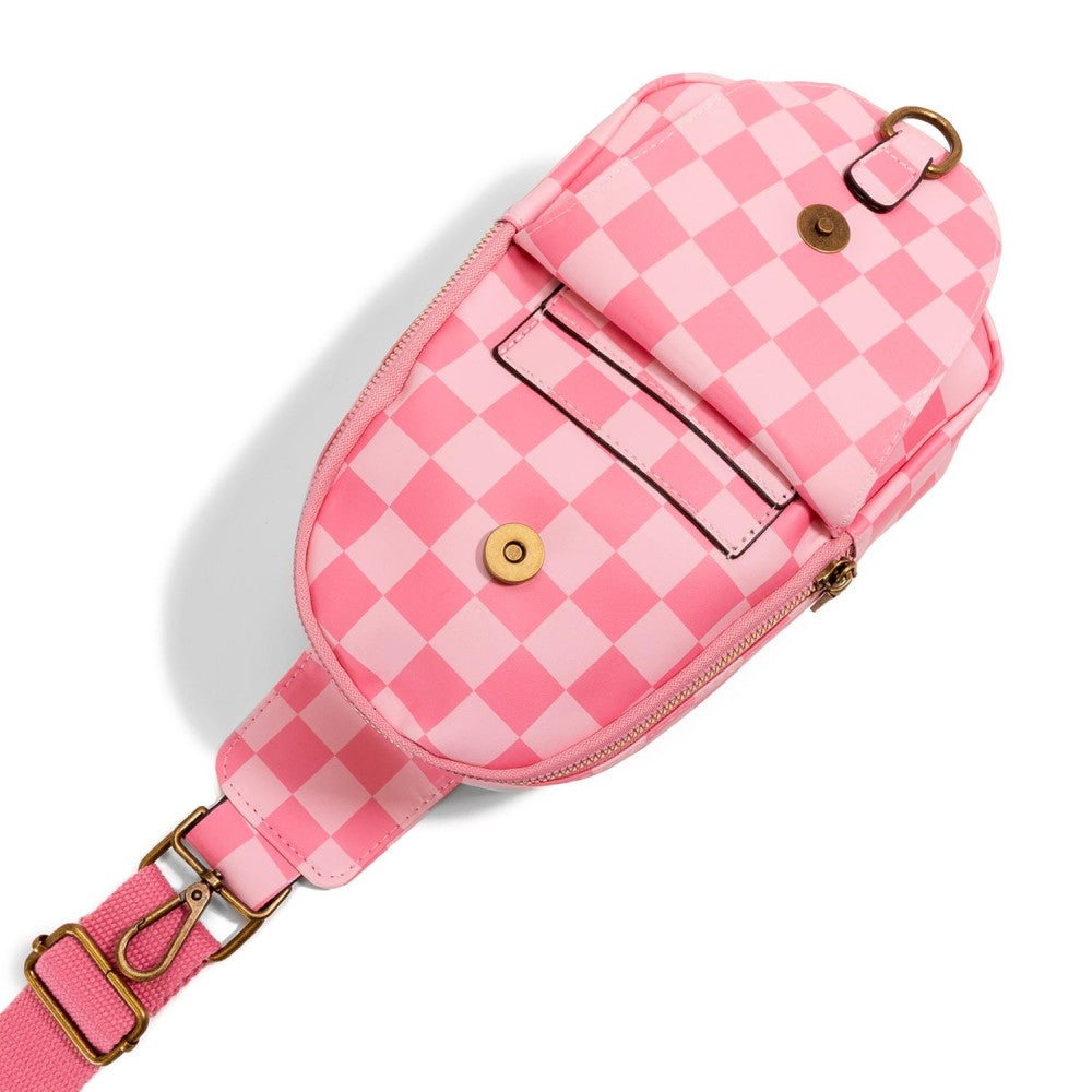 Pink Checkered Vegan Leather Sling Bag With Side Adjustable Strap