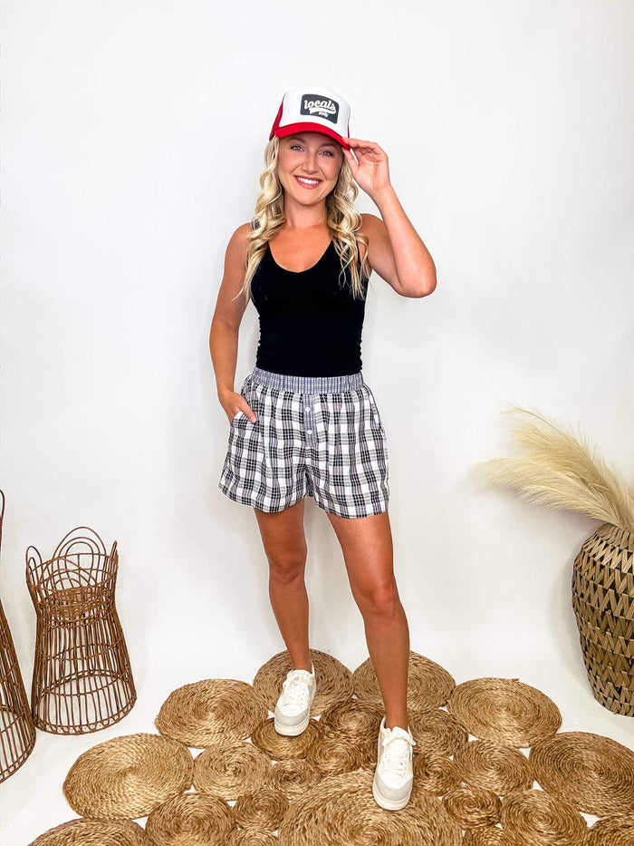 Pretty Garbage Black  Mixed Plaid Boxers Shorts Side Pockets Stretchy Elastic Waist  Lined True to Size with a Relaxed Fit Self: 50% Rayon, 50% Polyester | 80% Polyester, 20% Cotton | Lining: 100% Rayon