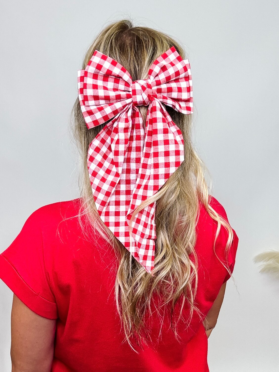 Red and White Gingham Checkered Plaid Oversized Clip-in Hair Bow Approximately 12" L