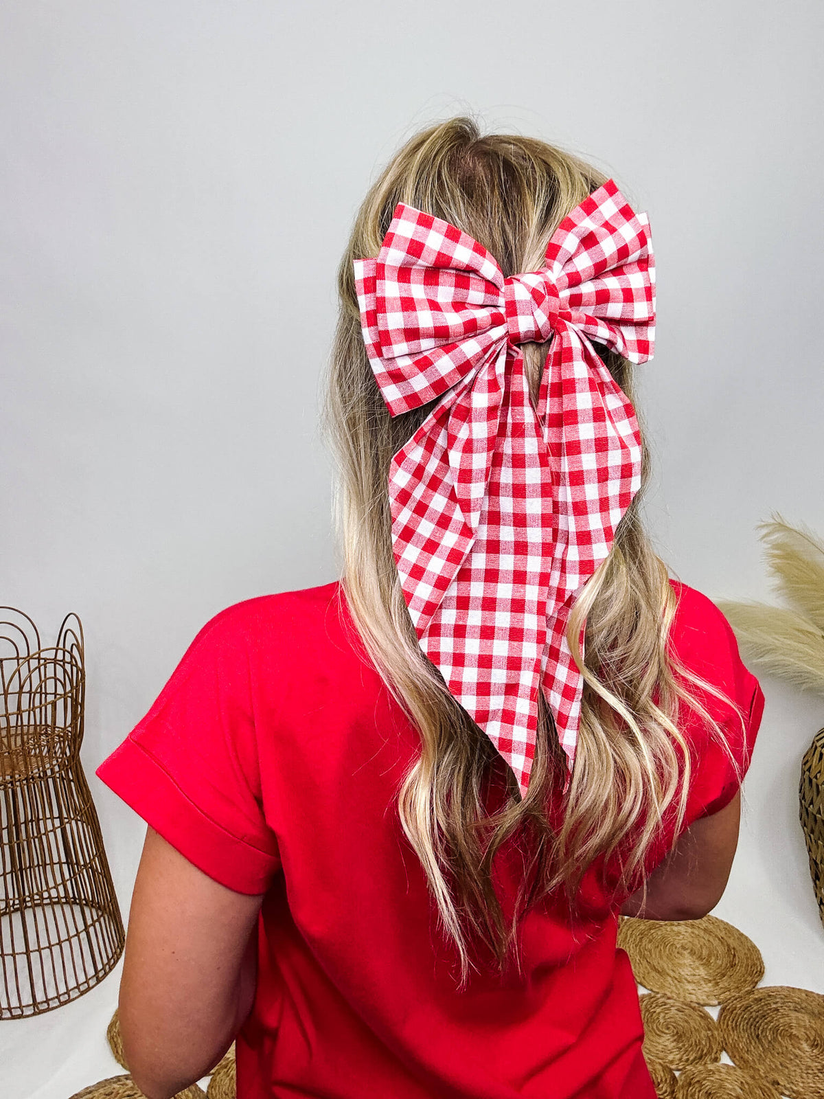 Red and White Gingham Checkered Plaid Oversized Clip-in Hair Bow Approximately 12" L