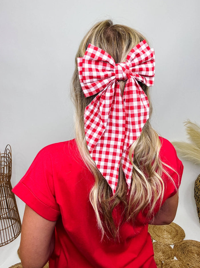 Red and White Gingham Checkered Plaid Oversized Clip-in Hair Bow Approximately 12" L
