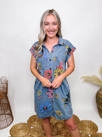 Boho Floral Button Up Denim Dress with Pockets