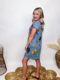 Boho Floral Button Up Denim Dress with Pockets